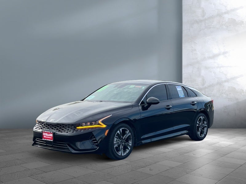 2021 Kia K5 EX in Ebony Black — front three-quarter view